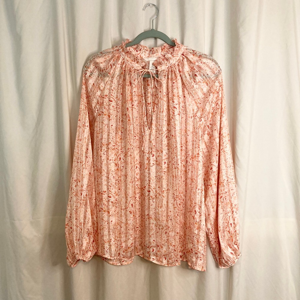 HM Pink Floral Pleated Ruffle Neck Tie Blouse L Long Sleeve Sheer Boho Cottage